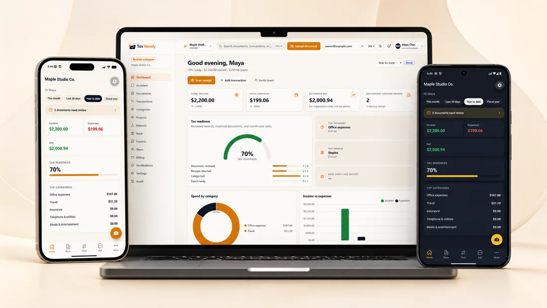 TaxReady sur portable et téléphone — tableau de bord en thèmes clair et sombre