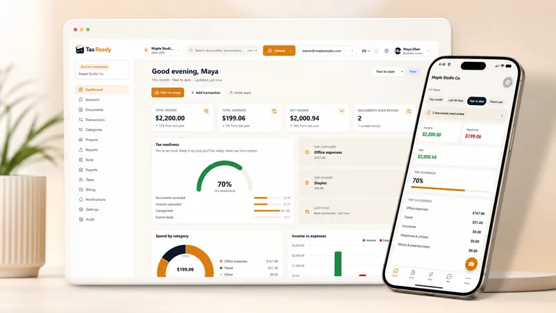Tableau de bord TaxReady sur tablette et téléphone affichant revenus, dépenses, TPS/TVH et préparation fiscale