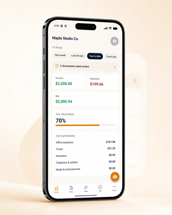 Tableau de bord mobile natif de TaxReady