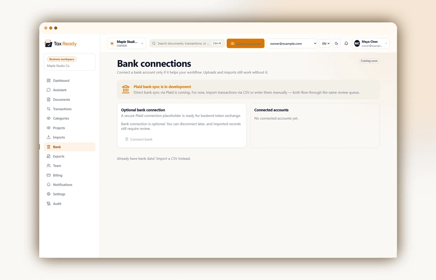 Bank connections screen showing Plaid bank sync coming soon