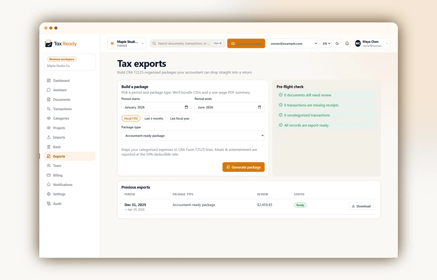 Tax export builder generating a CRA T2125 accountant package