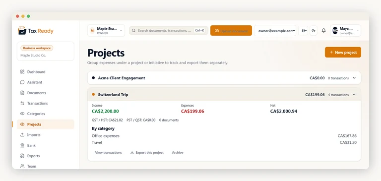 Projects screen showing a Switzerland Trip with its own income, expenses, taxes and category breakdown