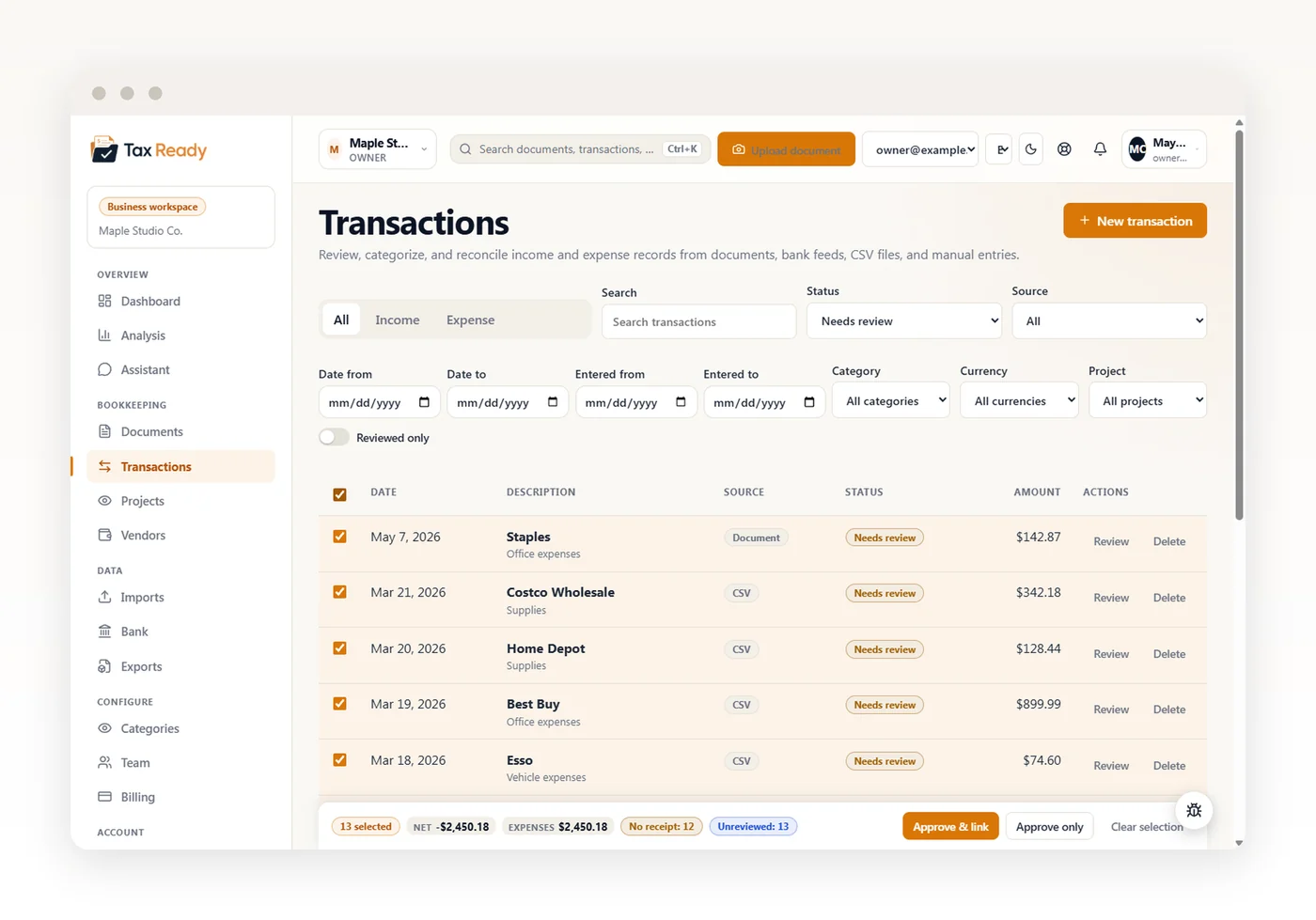 Transactions list with a batch of imported rows selected and a bar showing 13 selected, the net total, and how many still need review — ready for one-click approval