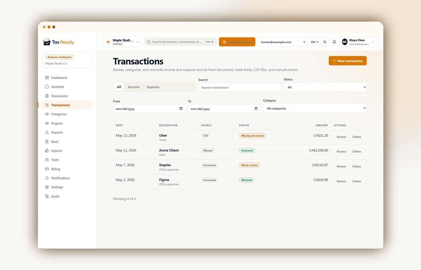Transactions list with categories, statuses, and CAD amounts