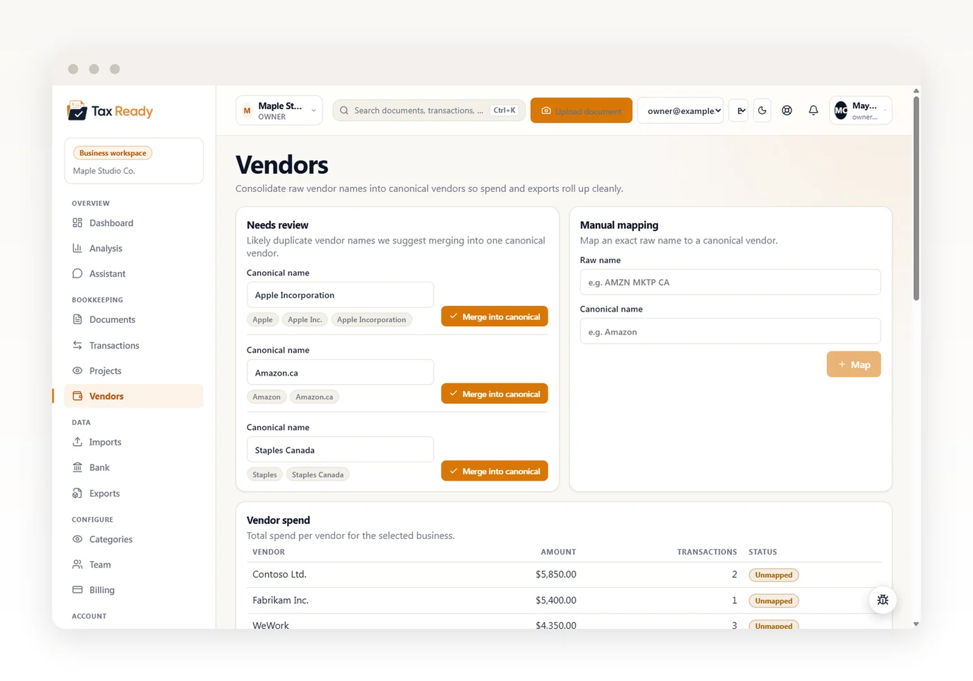 Vendors screen flagging duplicate names — Apple, Apple Inc., Apple Incorporation — to merge into one canonical vendor, with a spend-by-vendor table